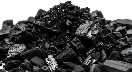 A close up view of a pile of dark black coal pieces and chunks on a white background surface silhouette