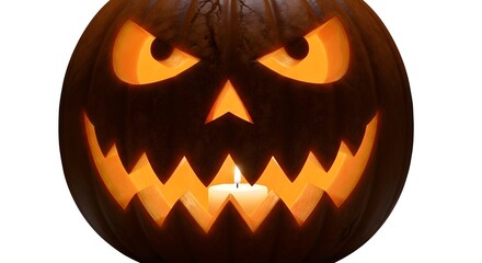 Illuminated jack o lantern with menacing expression and candle inside on a white background silhouette