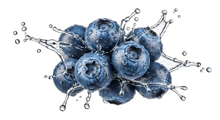 A cluster of fresh blueberries with water droplets and a splash on a clean white background silhouette