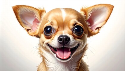 Obraz premium ​A close-up of a smiling, fawn-colored Chihuahua dog with large, expressive eyes and erect ears, looking directly at the camera with its tongue slightly out