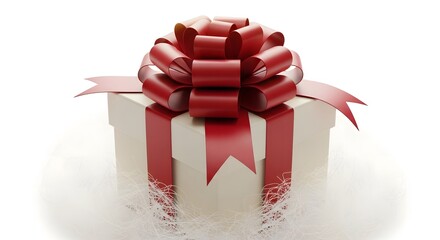A neatly wrapped present with a large red bow sitting on a white surface in a bright setting silhouette