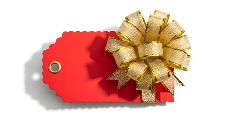 Close up of a red scalloped edged tag with a gold grommet and a gold ribbon bow on white silhouette