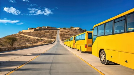 Illustration of line of yellow tour buses parked on a road leading to monte alban