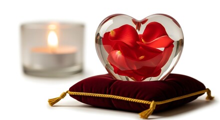 Heart shaped glass filled with red rose petals on a red cushion with a candle behind it silhouette
