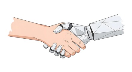 A digital illustration of a human hand shaking hands with a robotic hand on a white background silhouette