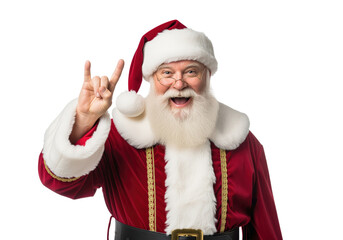 Rock holiday Santa mascot hand sign for Christmas concert posters, radio show trailers or nightclub party flyers and ticketing banners for music venues and event organizers