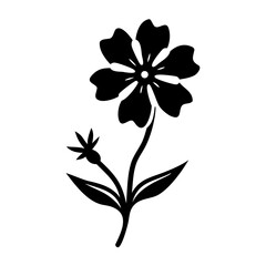 Vector art of a black silhouette of a single flower with five petals and a small bud on a stem with leaves, isolated on a