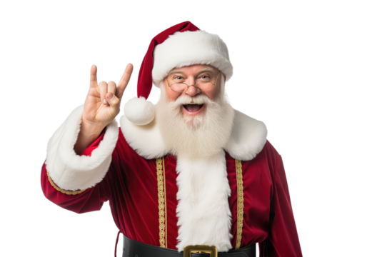 Rock holiday Santa mascot hand sign for Christmas concert posters, radio show trailers or nightclub party flyers and ticketing banners for music venues and event organizers