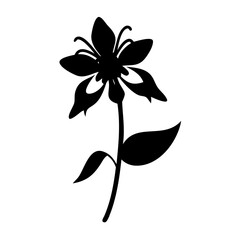 Vector art of black silhouette of a columbine flower with delicate petals and a stem with leaves, isolated on a, representing nature and floral beauty in a minimalist style