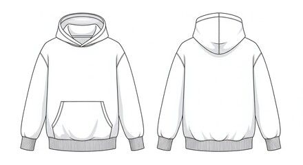 Front and back view of a white hooded sweatshirt with a pocket and drawstring detail