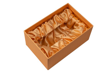 Orange empty gift box covered with orange satin fabric isolated on a white background.