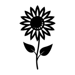 Vector art of a black silhouette of a sunflower with prominent petals and leaves, isolated on a