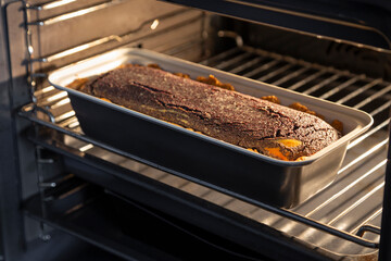 the hot banana bread in oven