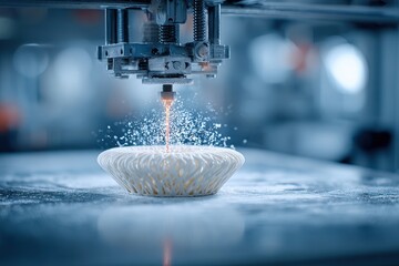 A cutting-edge 3D printer meticulously crafts a delicate, woven bowl, showcasing the innovation and precision of additive manufacturing technology
