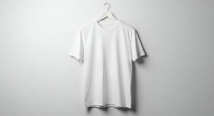 A clean and minimalist mockup of a plain cotton t-shirt hanging on a wooden hanger against a soft neutral background, perfect for showcasing custom designs, brand logos, or apparel artwork. High-quali