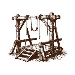 Old Western Wooden Gallows Frame &ndash; Vintage Hand-Drawn Illustration in Black and White