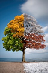 Colorful tree showing four seasons at the beach with contrasting foliage and snow on the ground