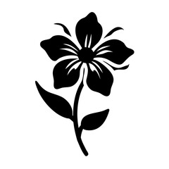 Vector art of black silhouette of a fivepetaled flower with pointed petals and two leaves, isolated on a
