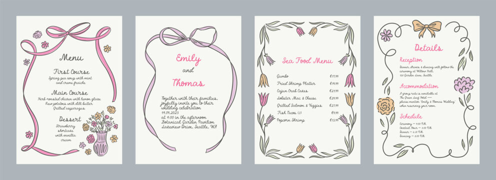 Set of spring whimsical hand-drawn pink blue orange green color frames with flowers and bows in trendy, vintage styles. Perfect for quirky holiday, wedding, birthday gift decorations