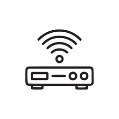 A simple line drawing of a wireless router with signal waves emanating from the top on a white background