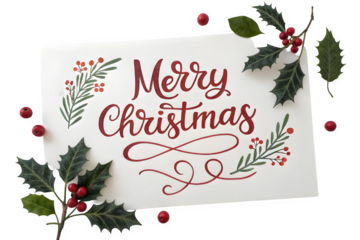 Merry christmas handwritten text on card with holly and berries isolated on transparent background