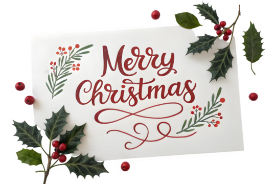 Merry christmas handwritten text on card with holly and berries isolated on transparent background