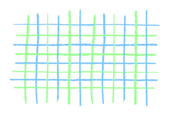 Handmade vector linear chequered pattern with wax scribble effect. Pastel paint strokes in blue and green evoke kids chalkboard school or kindergarten style for a fun backdrop or graphic use.