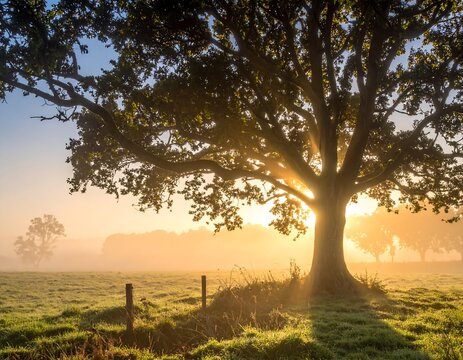 A grand, old tree dominates a misty meadow, bathed in the golden light of a sunrise, with distant trees
