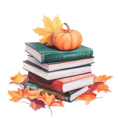 Autumn's Literary Harvest: A stack of weathered books serves as a platform for a vibrant pumpkin and decorative maple leaves, celebrating the season's literary treasures.