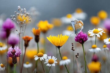 Fototapeta premium Colorful butterflies flutter among vibrant flowers in a peaceful meadow during springtime sunlight