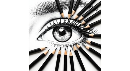 Detailed pencil drawing of an eye surrounded by black pencils on a white background surface art