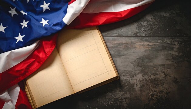 An open book beneath the folded American flag on rustic surface - Powered by Adobe