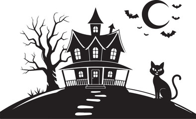 Fototapeta premium Haunted House with Bats and Bare Trees Silhouette for Halloween Design