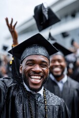 Fototapeta premium Graduates celebrating at a joyful ceremony under cloudy skies, throwing caps in the air with wide smiles and excitement during the graduation event