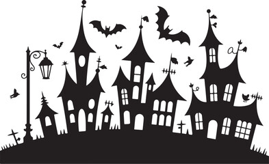 Haunted Castle Bats Bones Tree Silhouette Halloween Spooky Scary Horror
