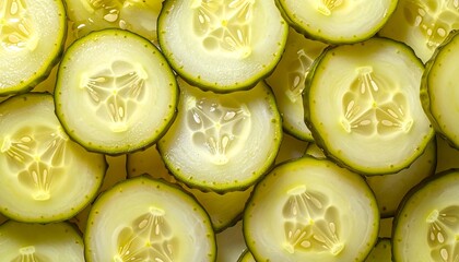 Close-up view of translucent, round cucumber slices, textured and light