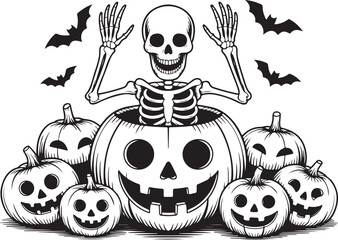 Halloween Skull Bats Bones Grass Black White Design Spooky Scary Horror