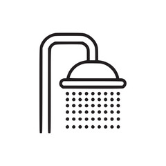 A minimalist line drawing of a shower head with water droplets falling from it on a white background