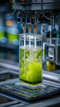 An automated system is seen in close-up of a glass photobioreactor with a bubbling green microalgae culture.