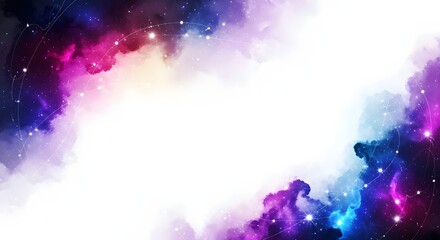 Cosmic nebula and starry space background. Technology, science, and biotech concept illustration. Abstract frame with vibrant colors and white copy space for design