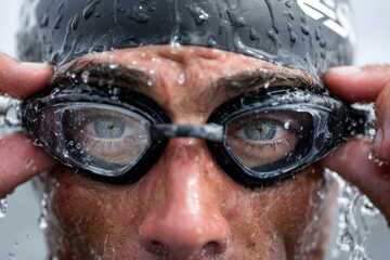 Swimmer adjusting goggles before diving into a competitive race in an indoor swimming pool during a bright afternoon