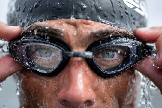 Swimmer adjusting goggles before diving into a competitive race in an indoor swimming pool during a bright afternoon - Powered by Adobe