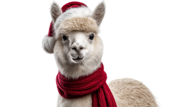 Cute smiling alpaca wearing Christmas hat isolated on a transparent background