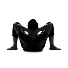 Silhouette of person sitting with hands behind head on white background in a relaxed position