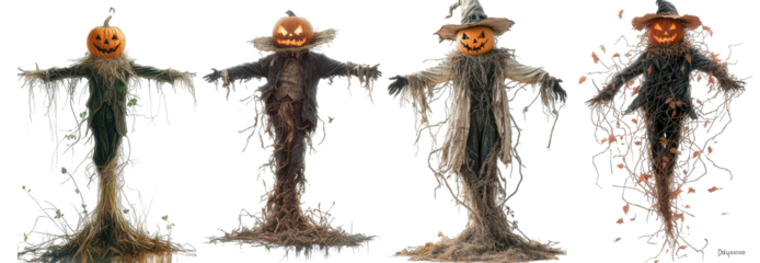 Halloween Scarecrows: A collection of festive scarecrows with pumpkin heads in a row, embodying the spirit of Halloween. Each unique figure adds to the joyful atmosphere.