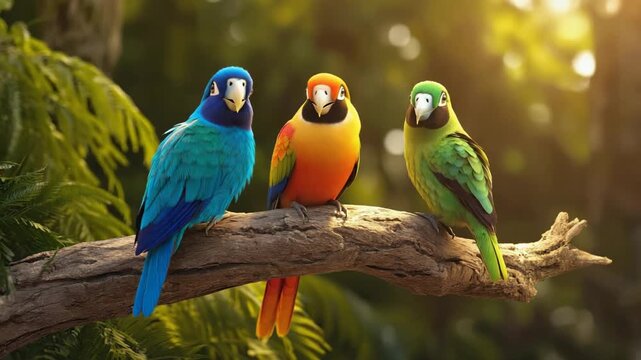 Three colorful parrots perched on a branch in a lush green forest setting