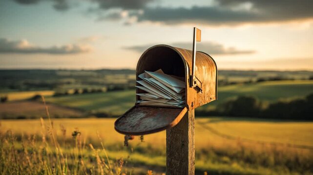 Ultra HD Old rusty mailbox full of letters in a rural setting at sunset video, old letter box video, old rusty letter box video, old letter box in the rural area video