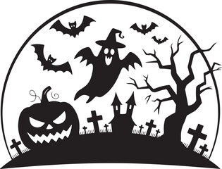 Haunted Castle Bats Bones Tree Silhouette Halloween Spooky Scary Horror