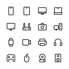 Device and technology line icon set. Mobile, Tab, Laptop, Camera, Headphone, Printer line icons. Electronic device icons. 