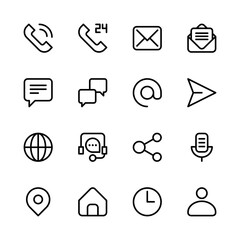 Communication line icon set. Contact icon set. Contact us, Help, Support line icons. Contact ui icons.